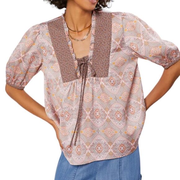 Current Air QUILT CONTRAST MOTIF TOP Deep Mauve Multi XS - Picture 1 of 7
